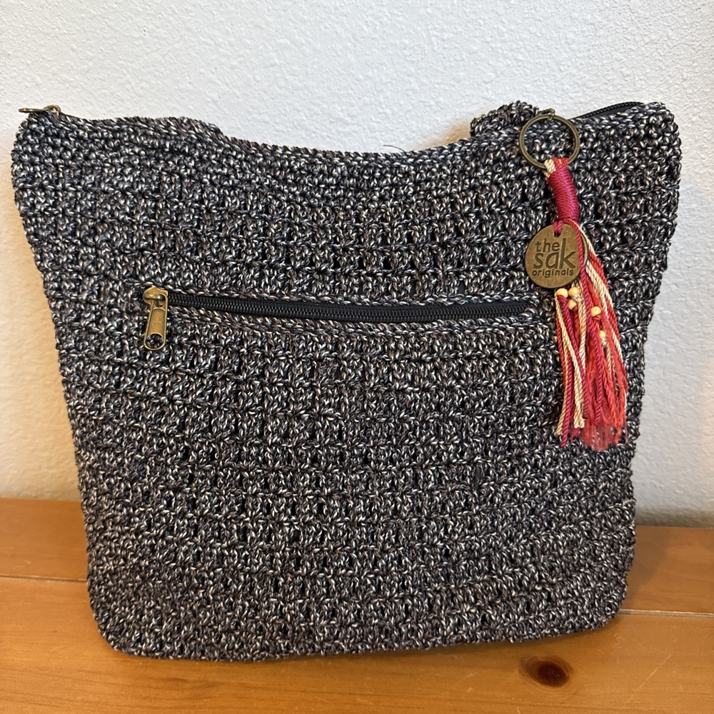 The Sak Lanie Market Tote Purse Crocheted Shoulder Bag Black Brown 14"x12"